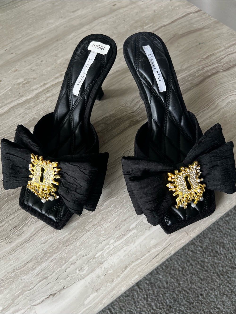 Gianni Bini Black Bow Mule Heels with Gold-tone Brooch